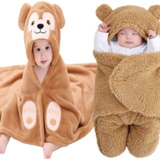 Baby Blankets New Born Combo Pack of Hooded Wrapper Durable Flannel Wool Sleeping Bag and Baby Bath Towel for 0-6 Months Baby Boys and Baby Girls Pack of 2
